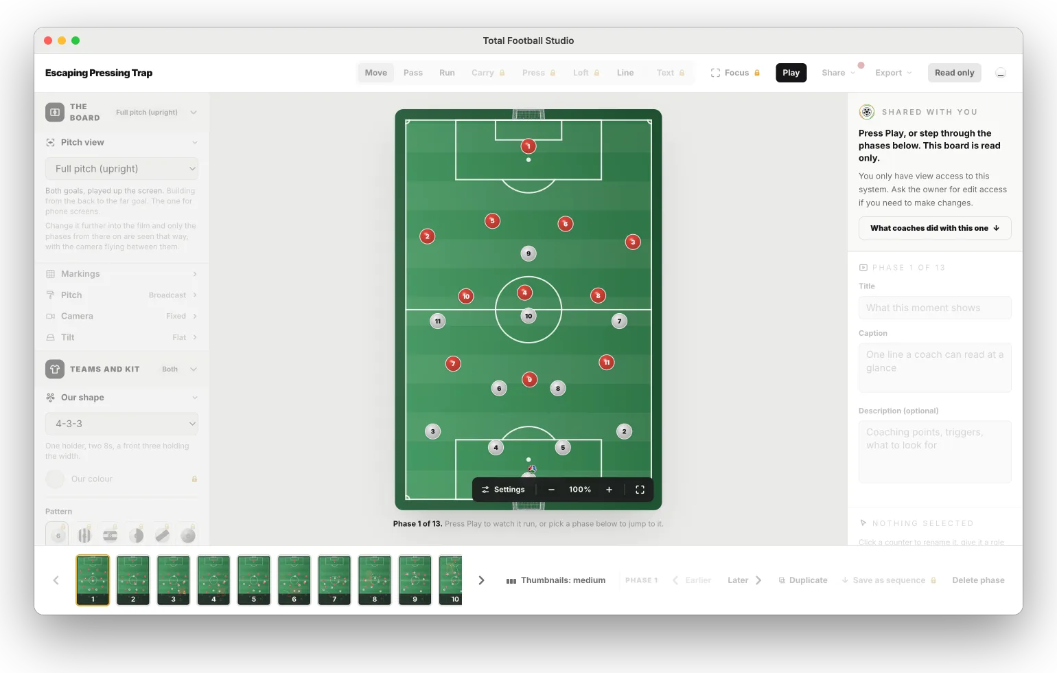 Total Football Studio for Mac, open on the Escaping the Pressing Trap system: the board, its phases and the tools around it.