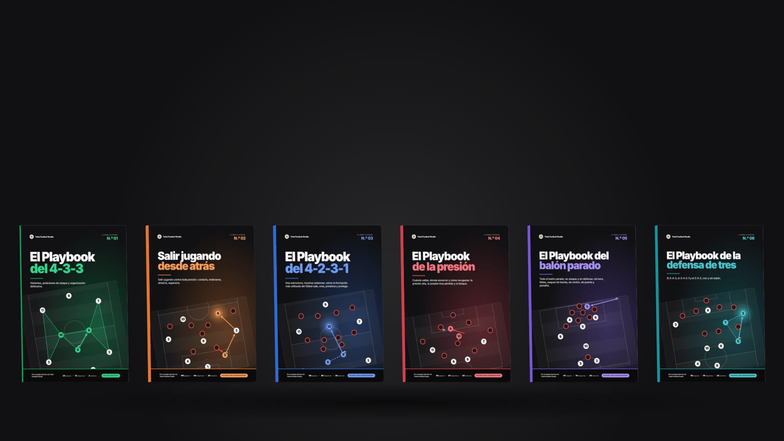 Los seis libros de la serie Playbook uno junto a otro: El Playbook del 4-3-3, Salir jugando desde atrás, El Playbook del 4-2-3-1, El Playbook de la presión, El Playbook del balón parado y El Playbook de la defensa de tres