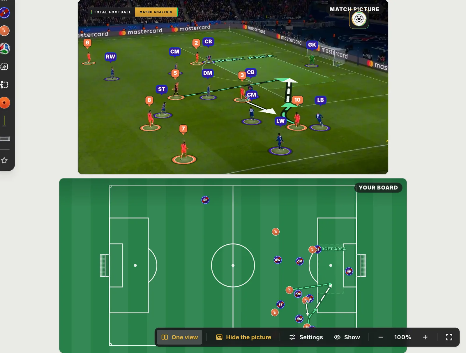 Both views in the Studio: the match picture with the move drawn above, and the same phase on the tactics board below, every player where he stood and the target area shaded.