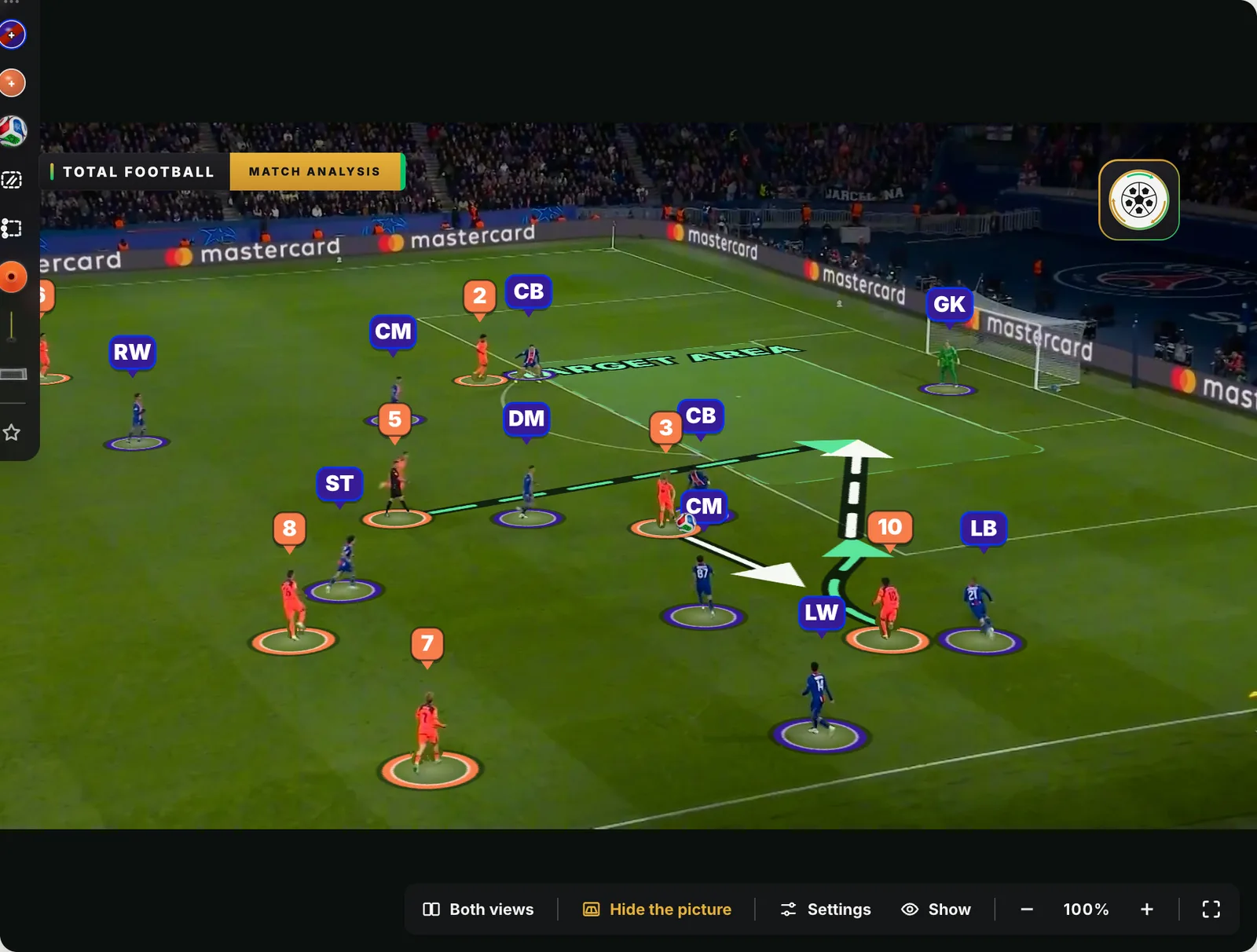 The board over the match picture in the Studio: PSG in navy and Barcelona in orange, ringed and labelled where they stand; the pass from 3 into the path of 10, his run round to the corner of the box, the ball lifted into the box and the run of 5 from deep into the target area, drawn on the grass.