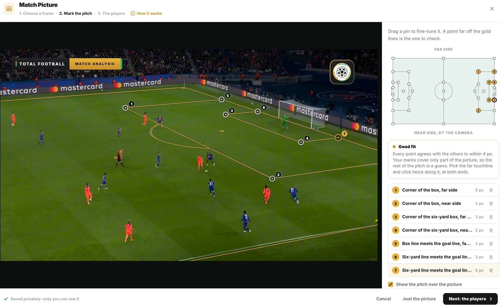The Match Picture sheet, Mark the pitch: seven numbered points clicked on the frame and on the little pitch beside it, the gold pitch lines over the grass, and Good fit: every point agrees with the others to within 4 px.