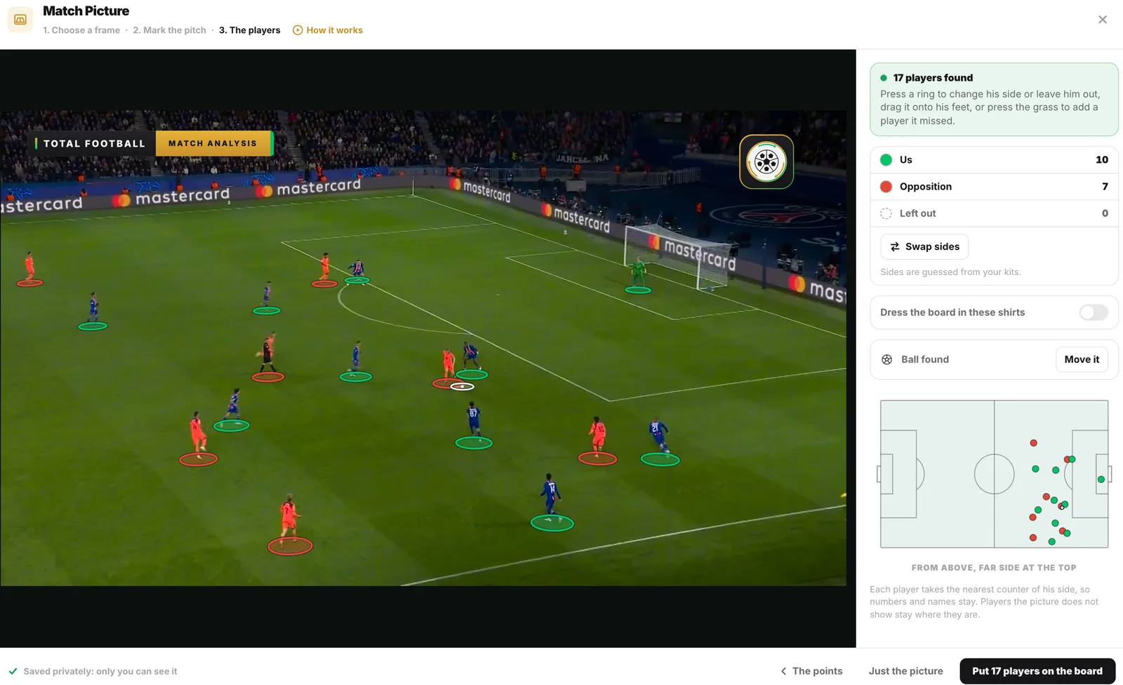 The Match Picture sheet, The players: 17 players found and ringed on the frame, 10 for one side and 7 for the other once the ones the shirts did not settle are pressed, the ball moved to the passer’s feet, and the players shown from above on a small pitch.
