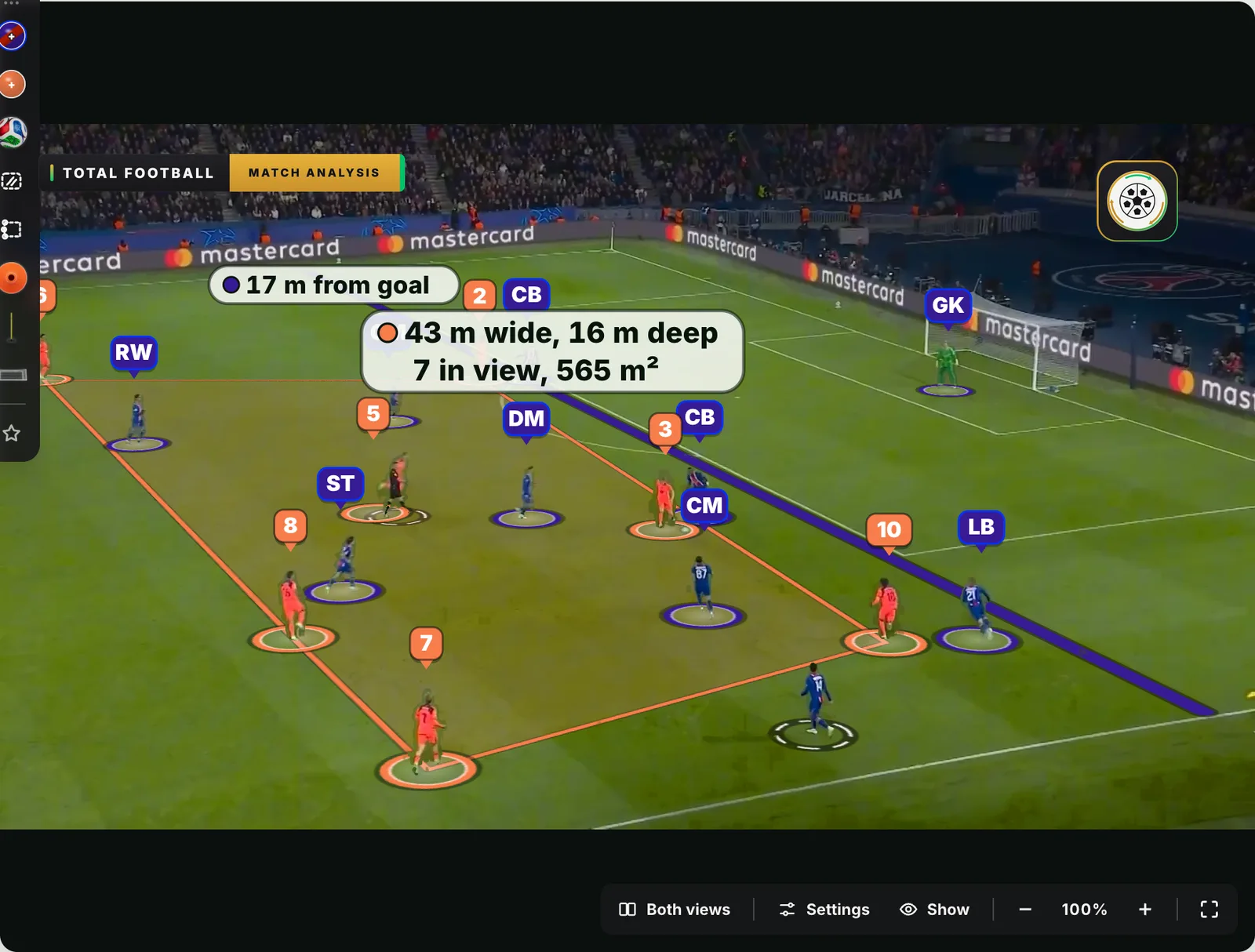 Match Video analysis on the frozen frame: PSG’s back line drawn 17 m from goal and Barcelona’s shape shaded on the grass, 43 m wide, 16 m deep, 7 in view, 565 m².