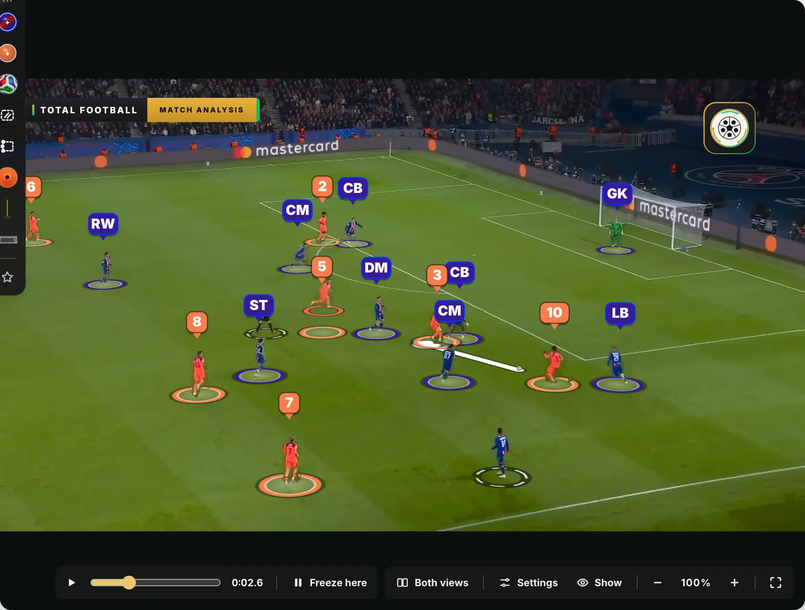 The clip playing on from the freeze in the Studio: the pass from 3 to 10 drawn as a white line behind the real ball along the grass.