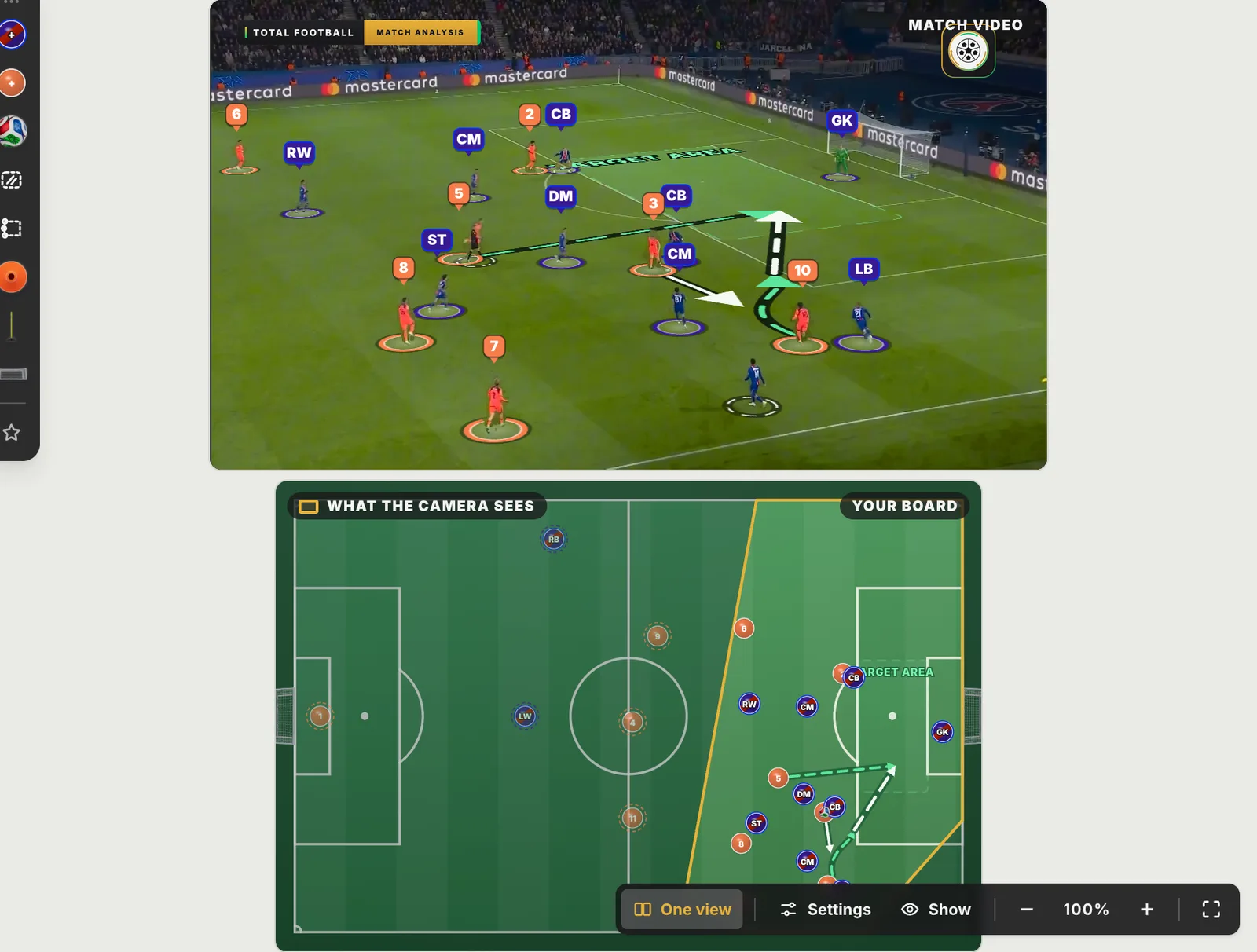 Both views in the Studio on a Match Video: the frozen clip above and the tactics board below with the tracked players on it, a gold outline marking what the camera sees.