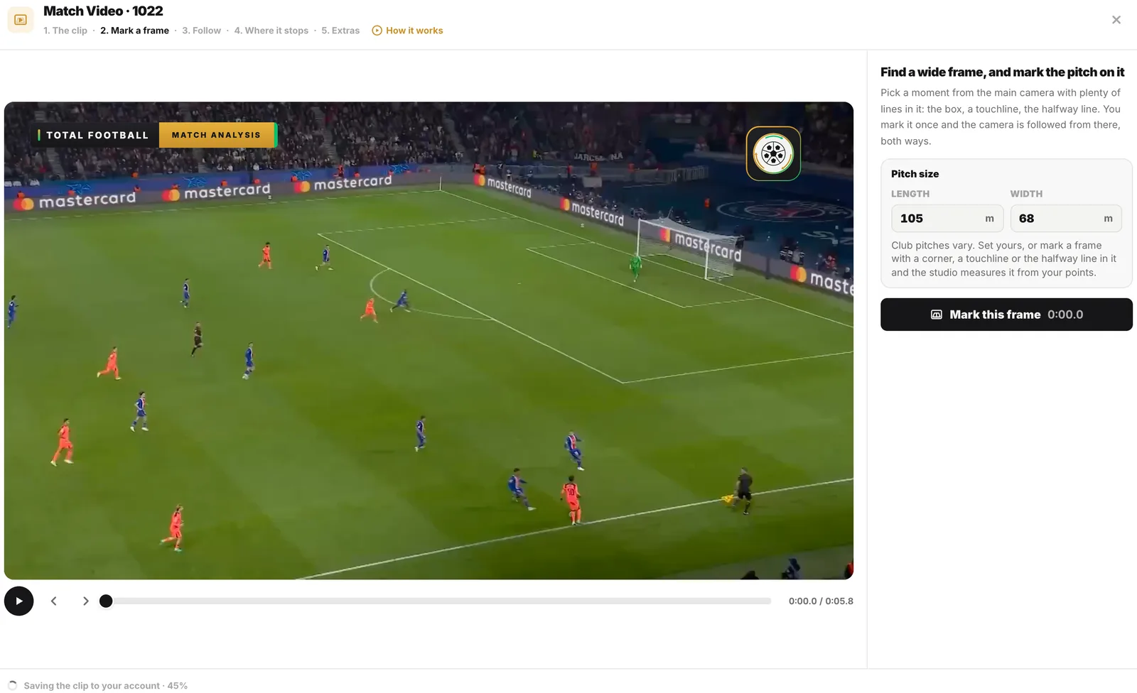 The Match Video sheet with a broadcast clip loaded: the frame at 0:00.0, the pitch size set to 105 by 68 metres and the Mark this frame button.