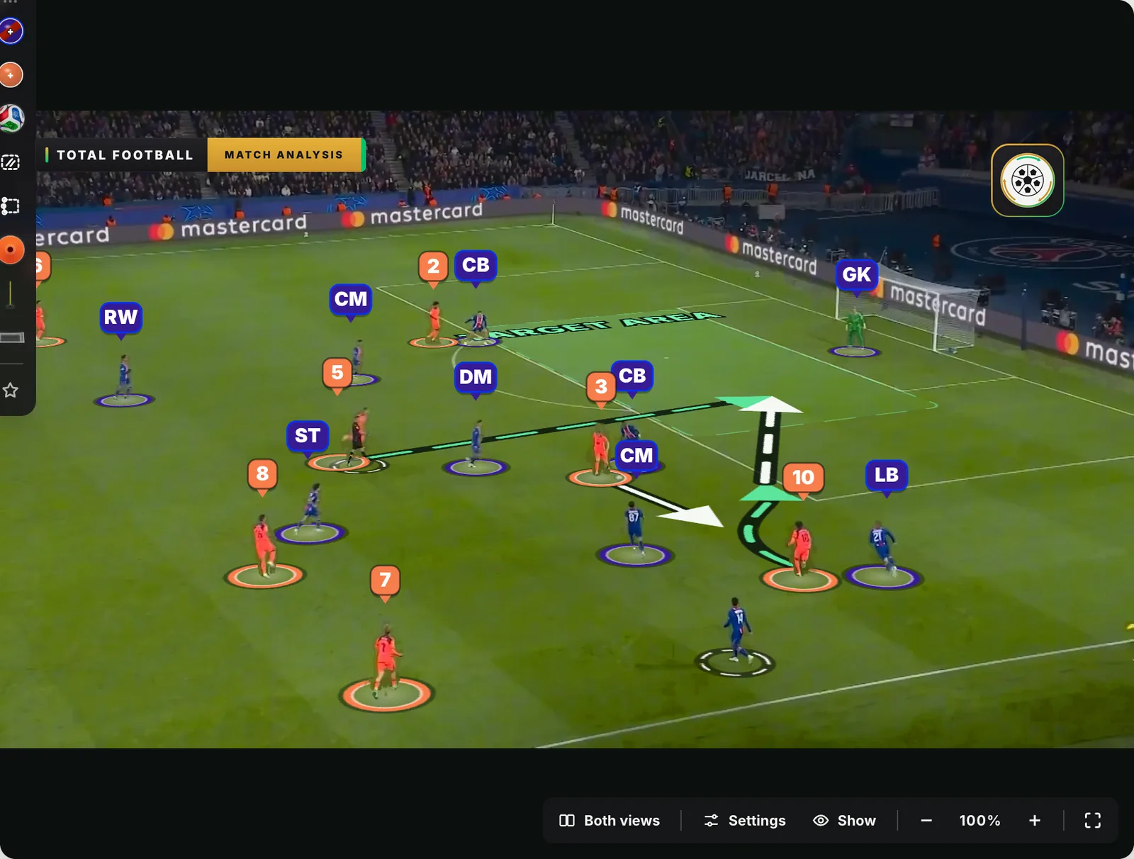 A Match Video phase frozen at 60:38 in the Studio: the players ringed and labelled, the pass from 3 into the path of 10, the ball lifted into the box and the run of 5 from deep into the target area, drawn on the grass.