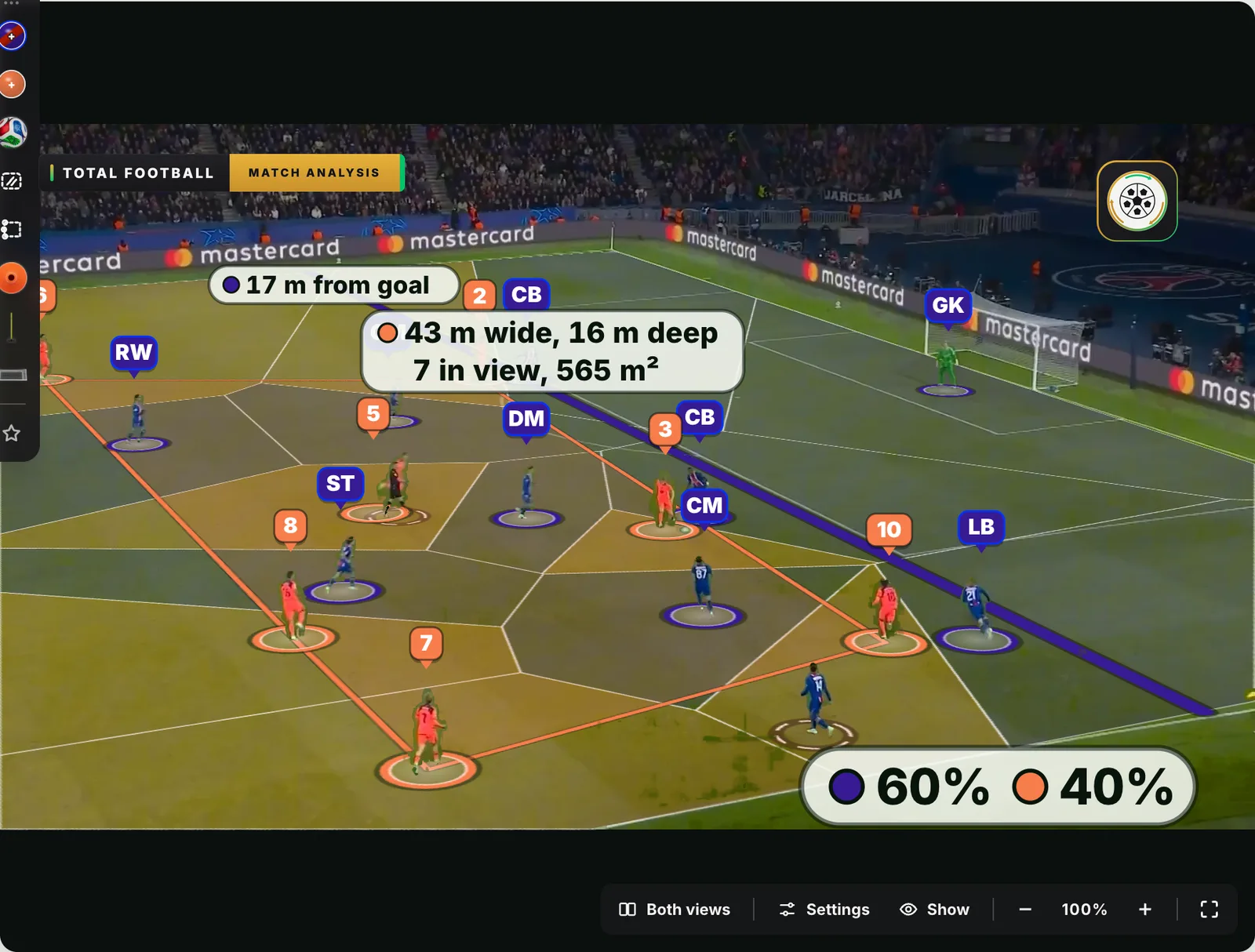 Match Video space control on the frozen frame: the grass in view split into each player’s nearest ground, PSG 60 per cent and Barcelona 40 per cent.
