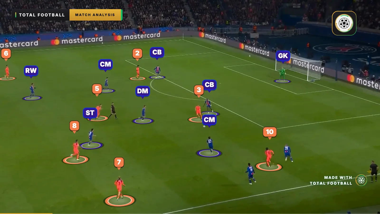 A frame of a Match Video export at 60:37: both sides and the keeper followed as the clip plays, each man on the board with a ring at his feet and his number or position over his head.