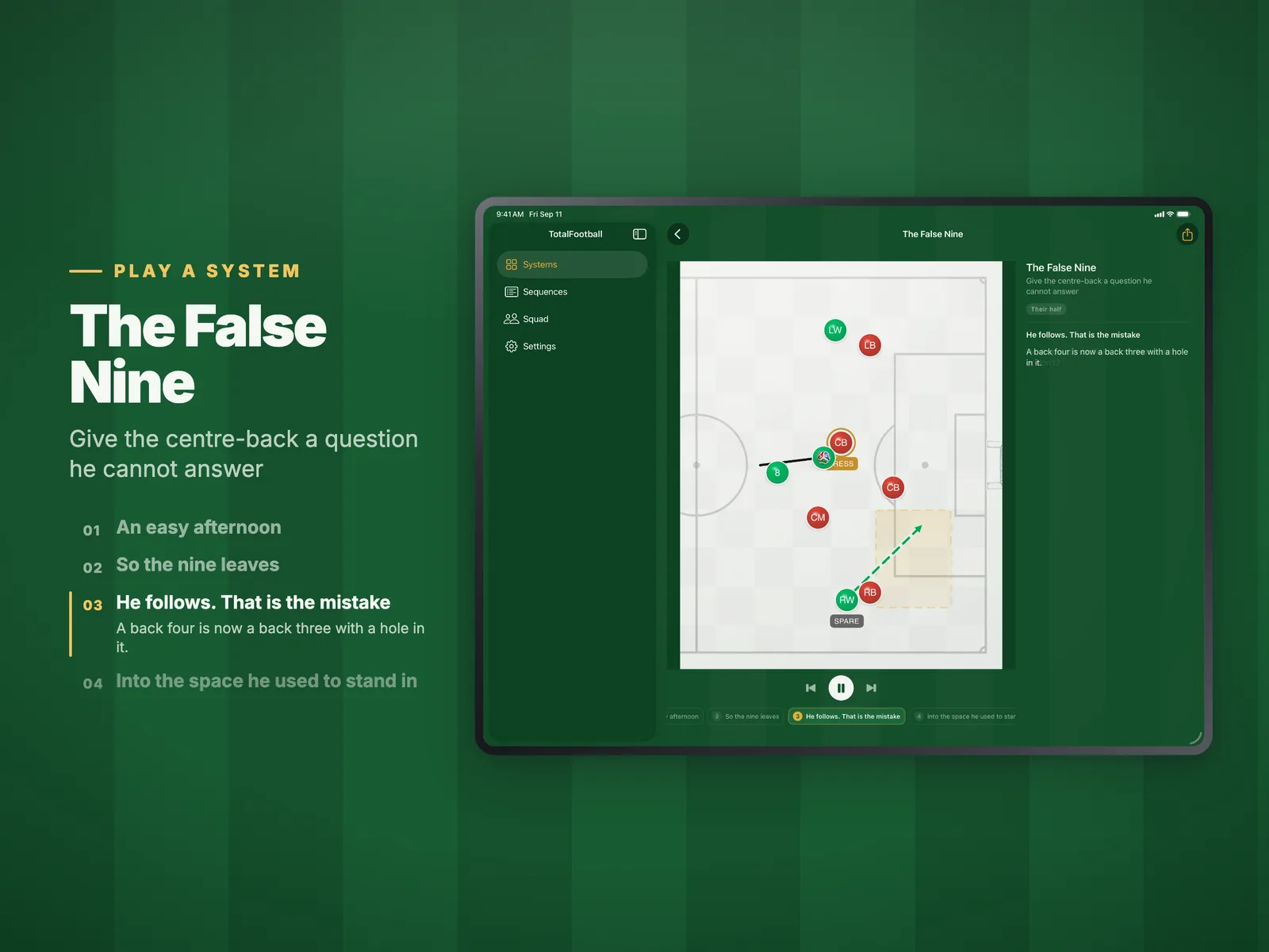 The False Nine playing on iPad, with each phase listed beside the pitch.