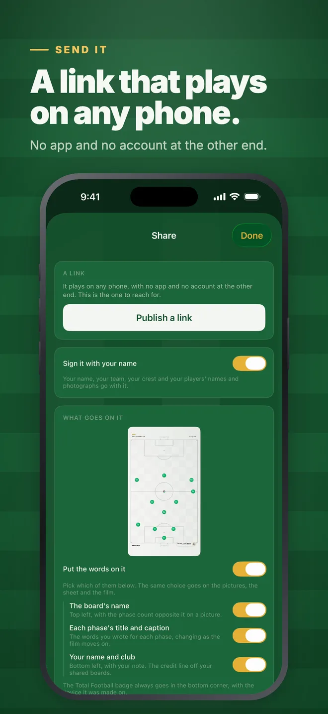 The Share sheet: publish a link that plays on any phone.